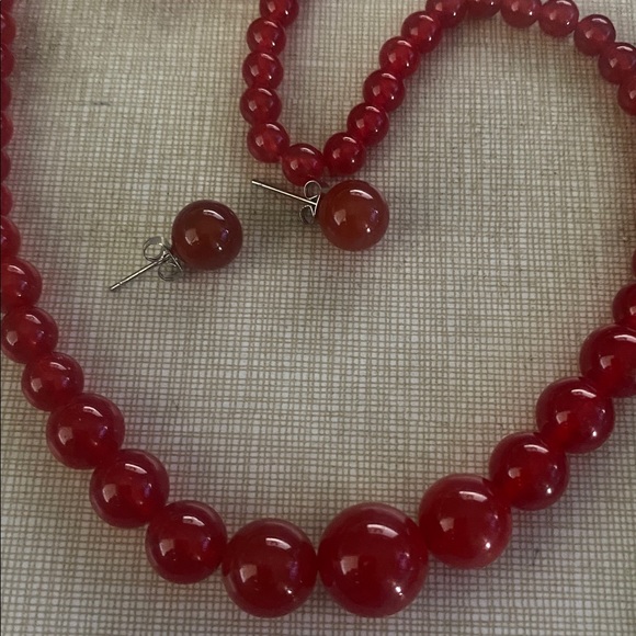 New Pretty artisan handcrafted red jade jadeite gemstone necklace gift earrings - Picture 7 of 8
